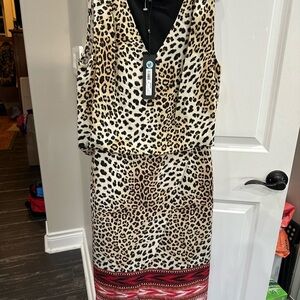 Kobi Halperin Tan and Brown Sheath Midi Dress with V-Neck for Cocktail